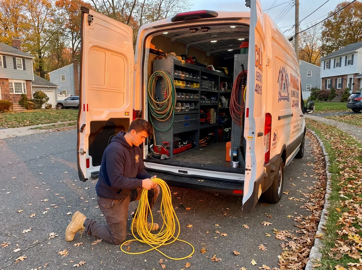 Pinnacle Plumbing van loaded for a drain cleaning call in Bergen County