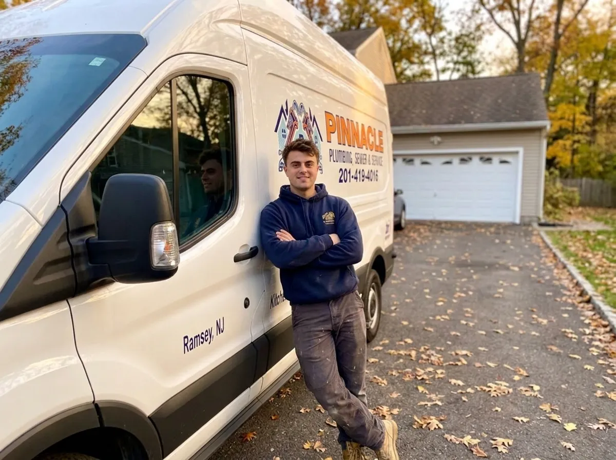 Drew Ryder, licensed master plumber, with the Pinnacle Plumbing van in Ramsey NJ