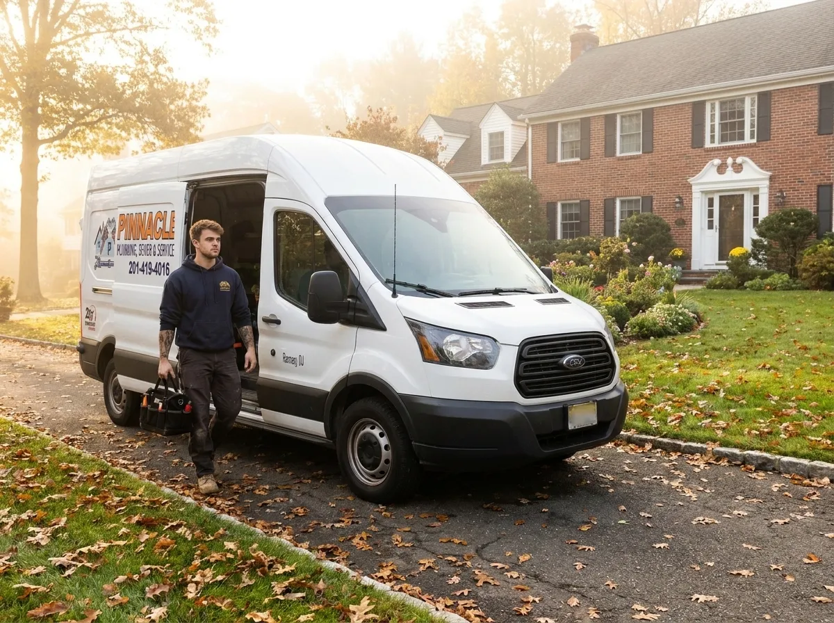Pinnacle Plumbing van arriving at an emergency call in Bergen County NJ