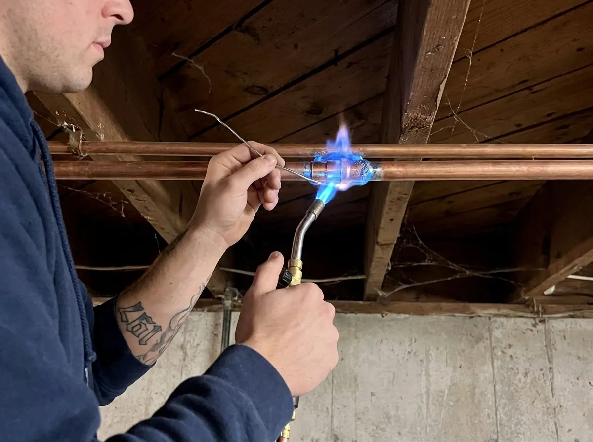 Drew soldering a copper pipe repair in Bergen County NJ
